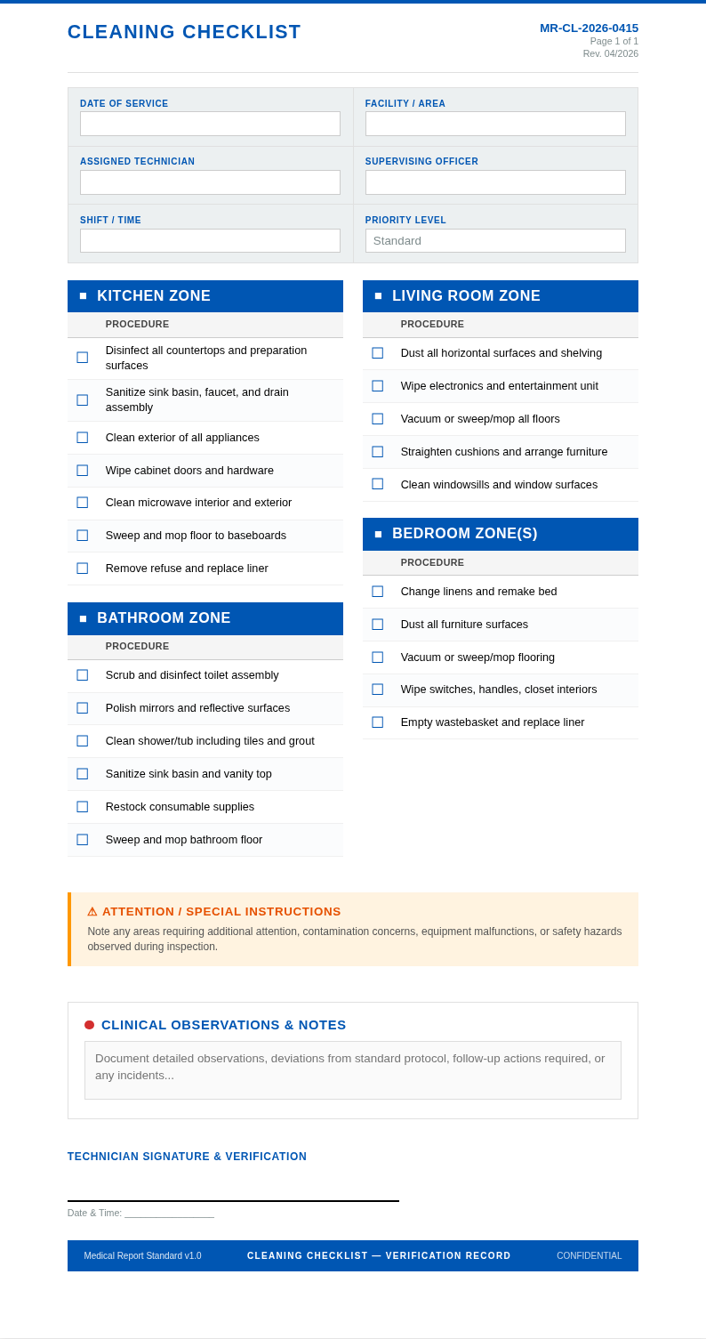 Medical report standard cleaning checklist